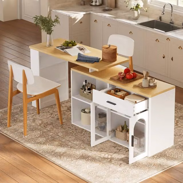 Isola cucina WISHDOR con piano girevole 360°, credenza con cassetto e ripiani, tavolo bar in MDF bianco e rovere L/P/H: 136 x 50 x 78 cm
