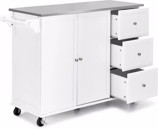Carrello rotante da cucina con piano in acciaio 3 cassetti 2 ante ripiani regolabili, Carrello per isola Bianco