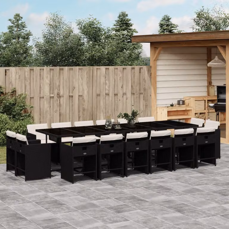 Set da Pranzo da Giardino vidaXL in Polyrattan Nero con Cuscini e Tavolo in Vetro 17 pz