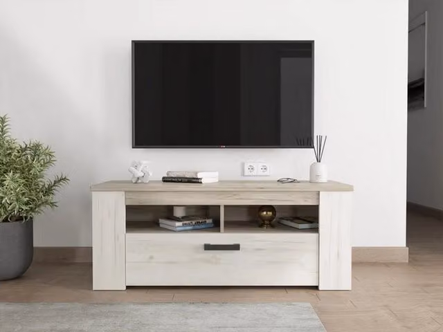 DMORA Mobile Porta TV Castalda con 3 Ripiani, Bianco Larice, L: 123 cm, P: 43,5 cm, H: 49,5 cm