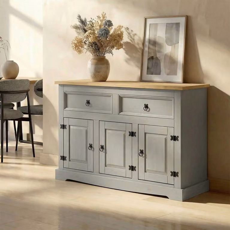 Credenza TEQUILA Comò con 3 ante e 2 cassetti, cassettiera in pino massiccio grigio/marrone Credenza Credenza per stoviglie