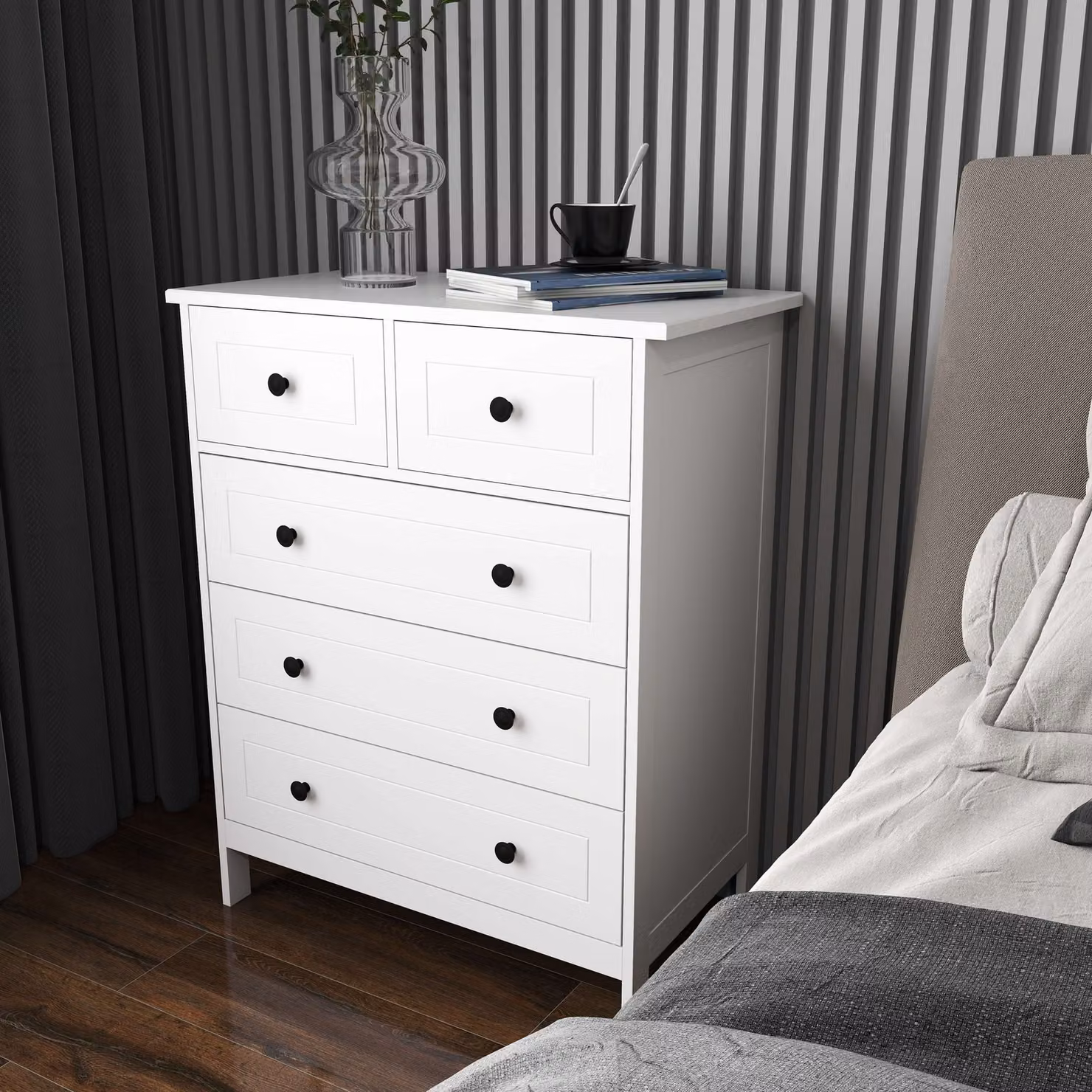 Cassettiera HOMCOM in legno con 5 cassetti salvaspazio e sistema antiribaltamento, ideale per camera da letto, Bianco, L: 74 cm, P: 40 cm, H: 91 cm – 2