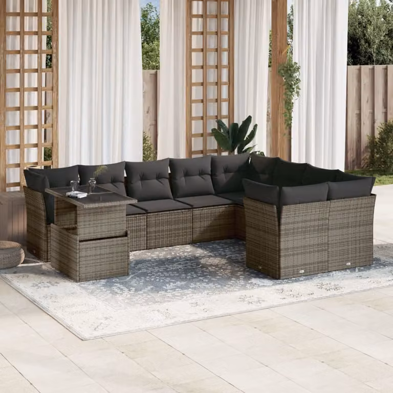 vidaXL Set Divano da Giardino 10 pz a L con Cuscini Grigio in Polyrattan e Tavolino da Esterno