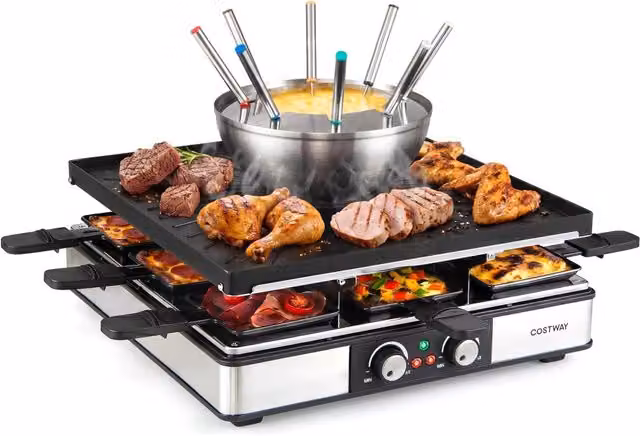 Griglia elettrica 3 in 1 per raclette e fonduta da 2200 W con teglia antiaderente, 8 padelline, spatola e forchette, colore nero, L/P/H: 36,5 x 36,5 x 14,5 cm