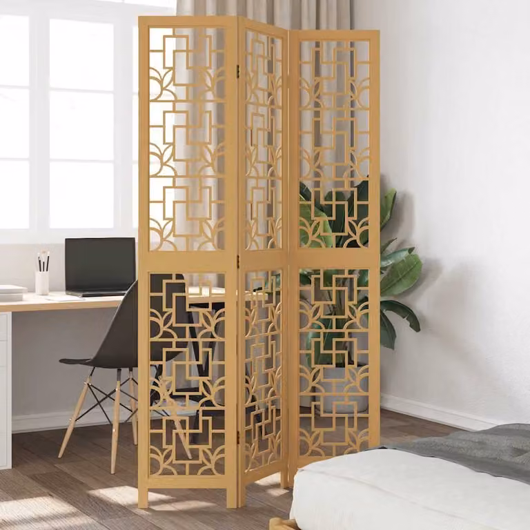 Divisorio Ambienti vidaXL con 3 Pannelli in Legno di Paulownia Massello, Design Moderno Geometrico, Marrone Scuro, H: 180 cm x L: 110 cm x P: 3 cm