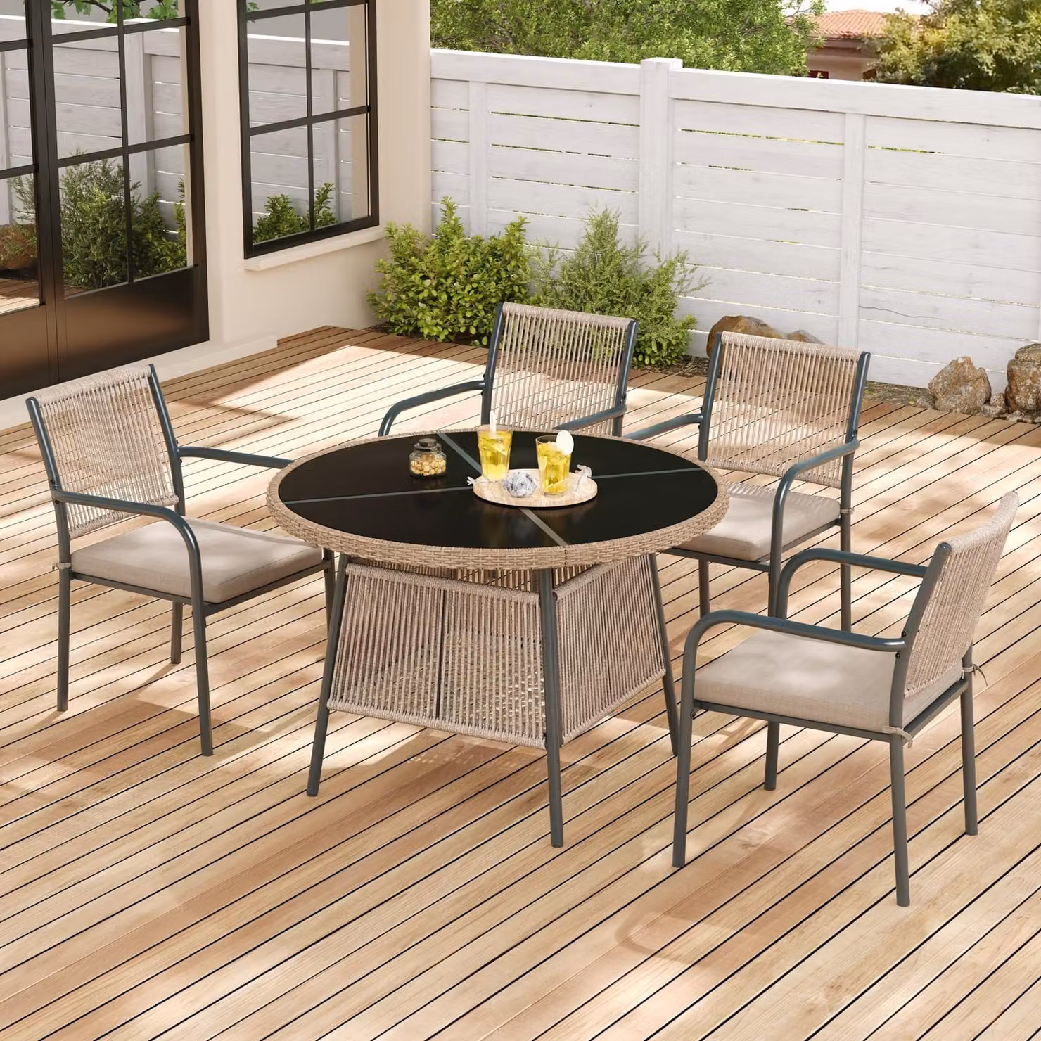 MODFU: Arredamento da giardino in rattan, set da salotto per esterni con tavolino rotondo in vetro e 4 poltrone con braccioli, sedia da giardino, ideale per terrazza e balcone, colore grigio