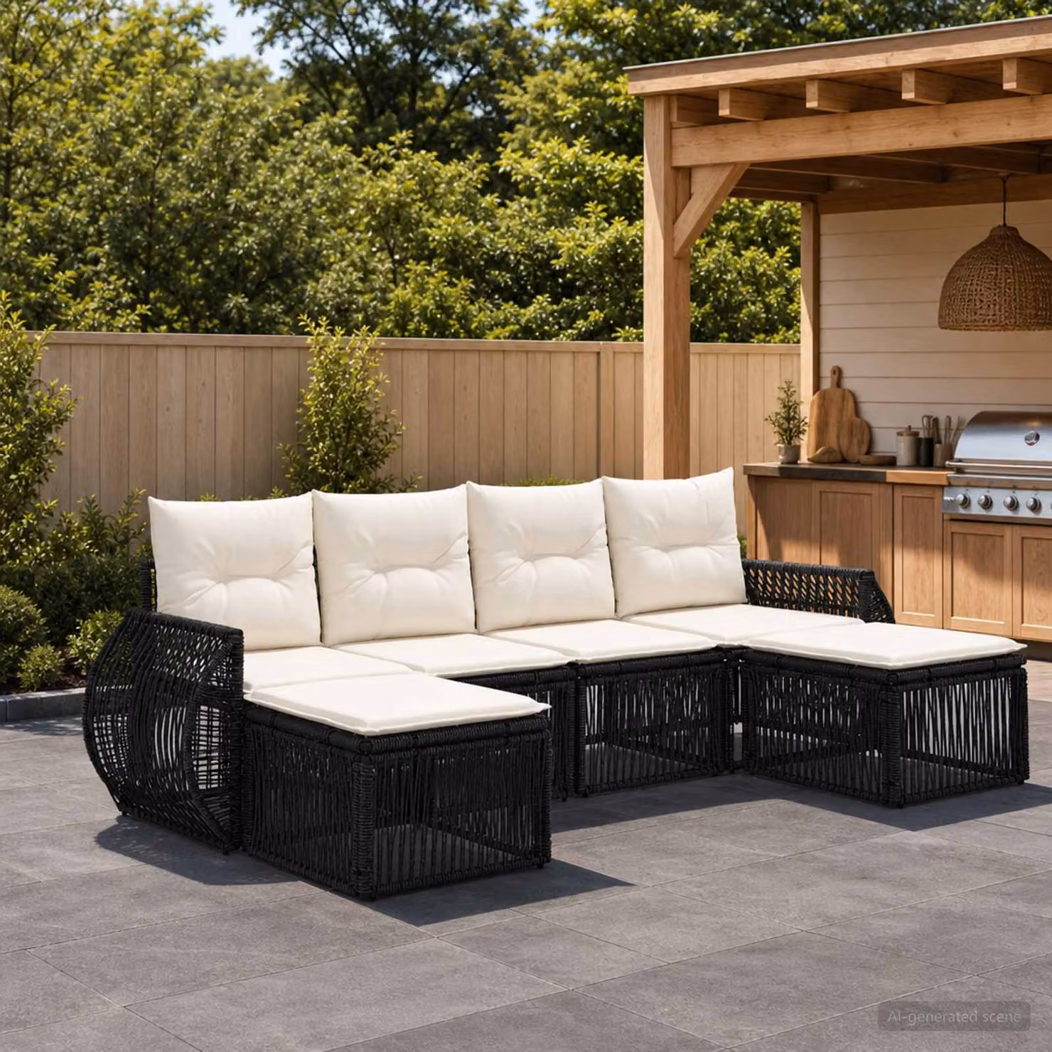 Set Divano da Giardino L Shape vidaXL in Polyrattan Nero e Bianco con Cuscini e Ottoman