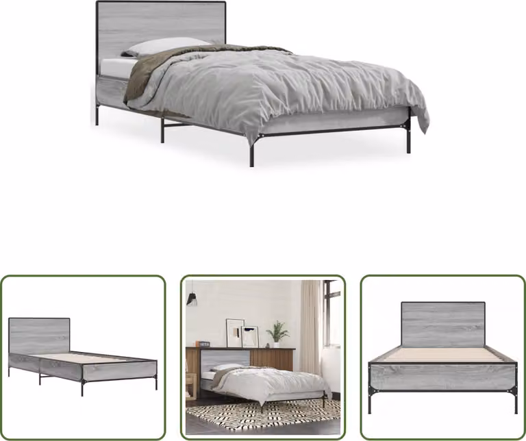 The Living Store Struttura letto Grey Sonoma 100x200 cm Materiale a base di legno e metallo