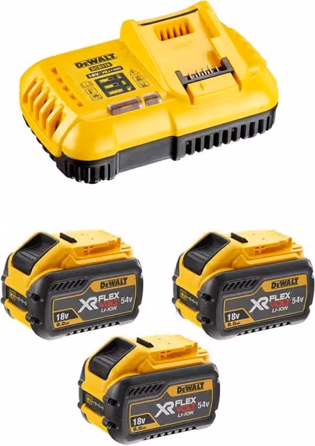 Power Set DeWALT FlexVolt DCB118X3 con 3 batterie da 54V/18V 9,0 Ah e caricatore DCB118, Giallo
