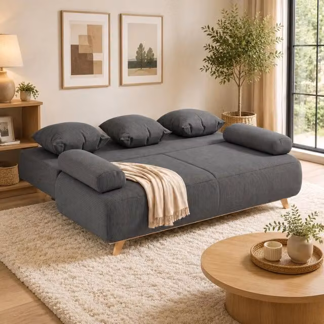 Divano letto Mivray a 3 posti in velluto grigio con vano contenitore e struttura in legno massello