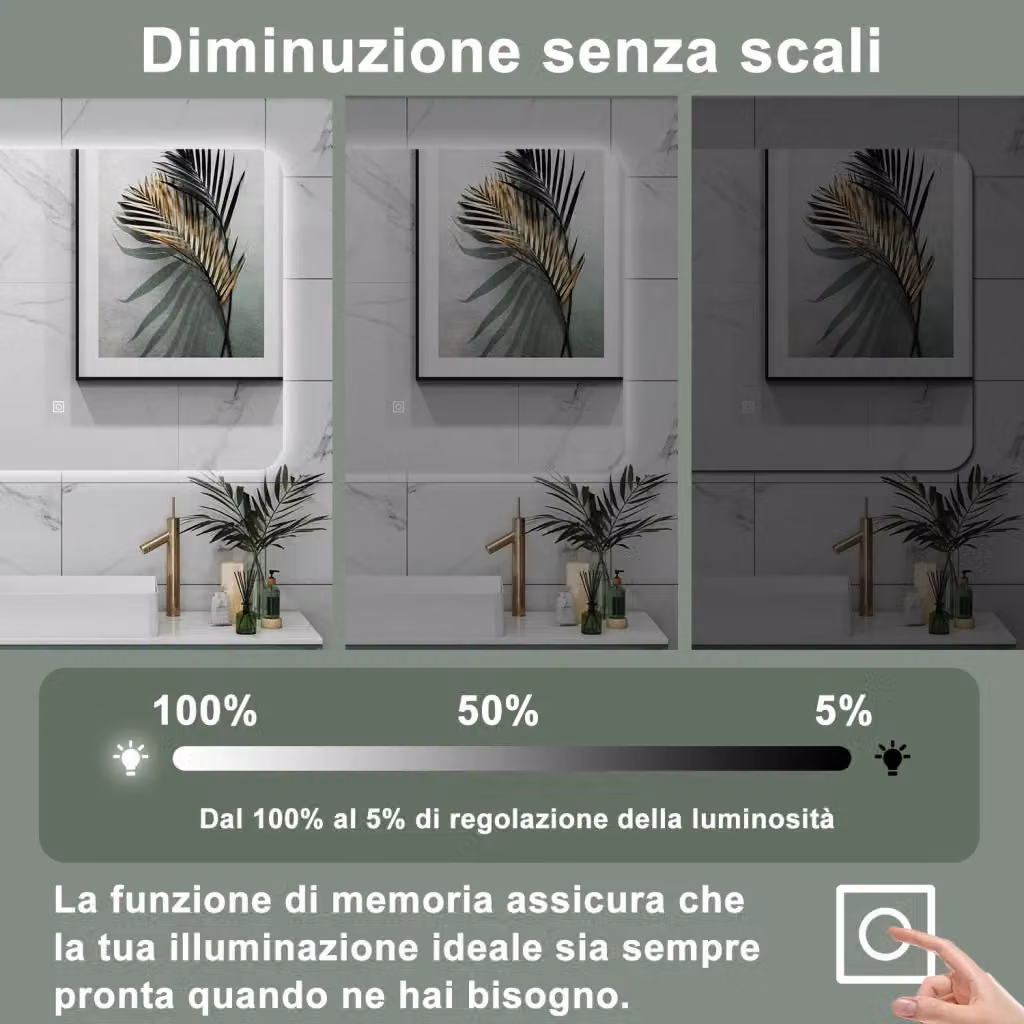 Specchio da bagno AICA rettangolare con luce LED dimmerabile, interruttore touch e funzione memoria, colore argento, L: 100 cm, H: 60 cm – 2