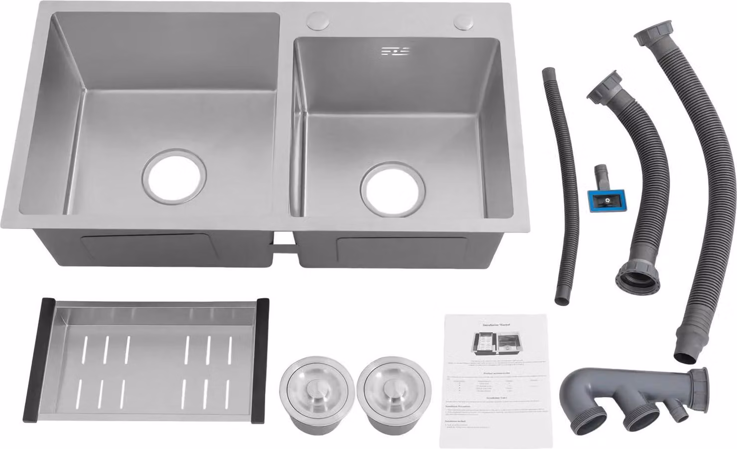 Lavello da cucina - Doppia vasca in acciaio inox - 78×43×21 cm - Rettangolare - 2 fori - Senza rubinetteria - Grigio chiaro