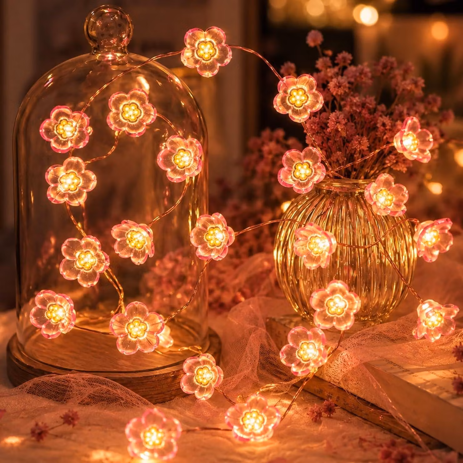 Catena luminosa a forma di fiori a LED, luce bianco caldo, 40 LED, 5 metri, alimentazione USB, grado di protezione IP42