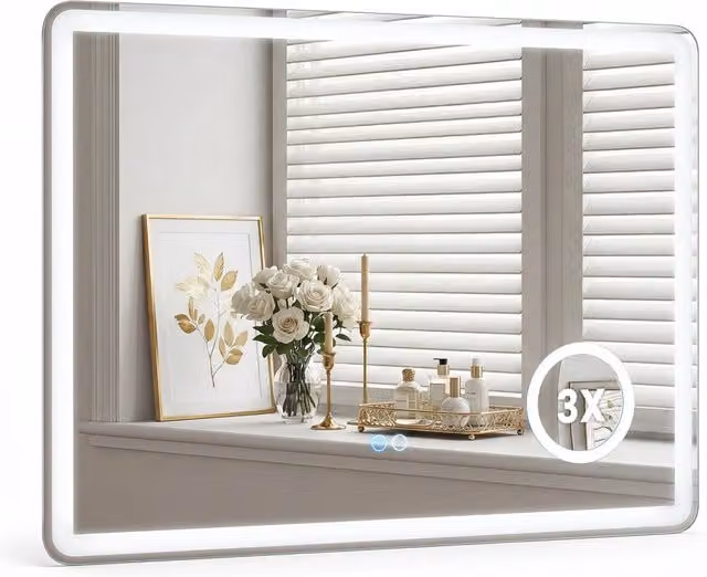Specchio da bagno da parete DESIGN IN con luce LED dimmerabile, funzione antiappannamento e lente d'ingrandimento 3x, disponibile in argento o bianco, L: 80 cm, H: 60 cm