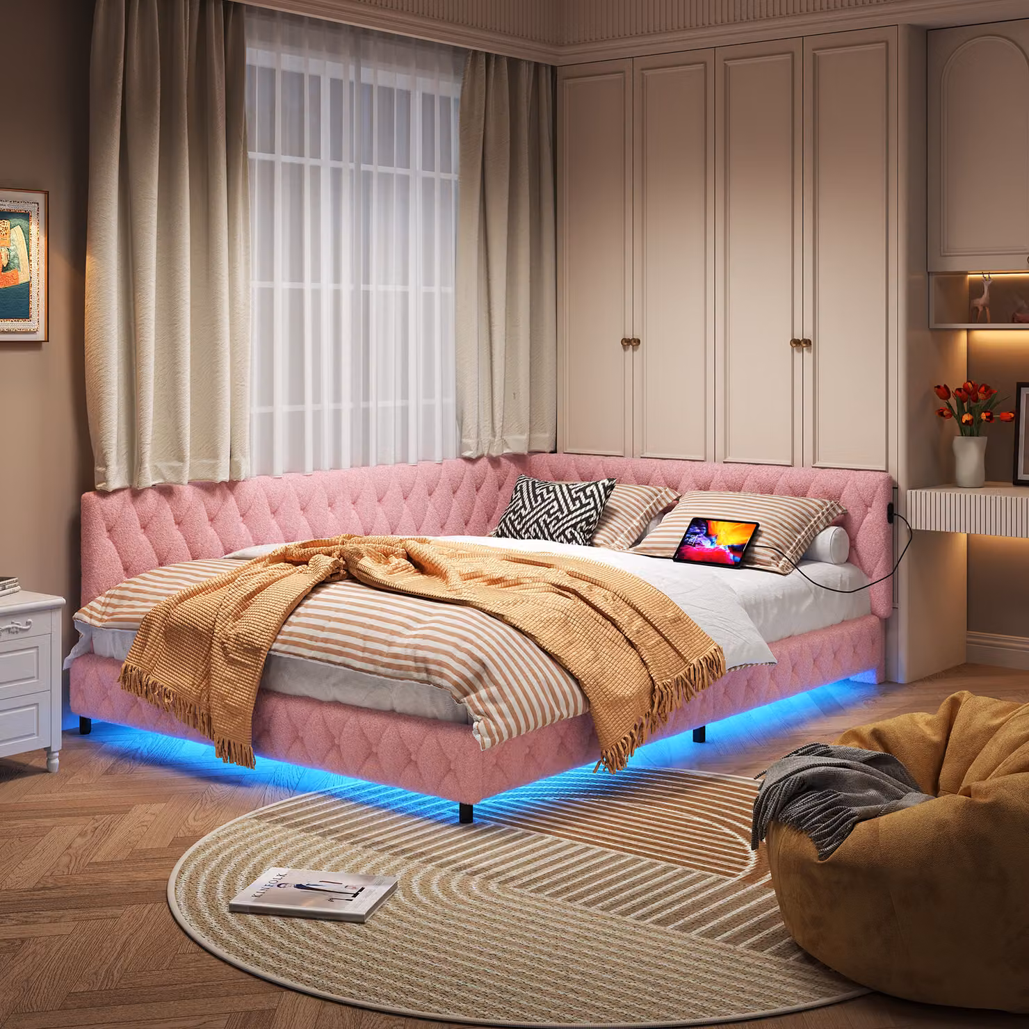 Letto imbottito ProximaX, divano letto, letto multifunzionale con ricarica USB, con luce intorno alla parte inferiore del letto, rete a doghe in velluto di peluche delicato sulla pelle (140 x 200 cm, rosa)