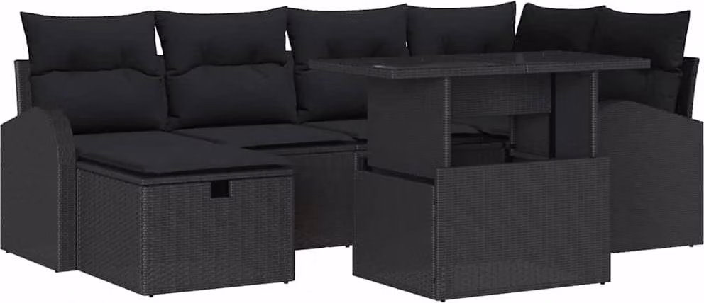 Set Divano da Giardino con cuscino 7 pcs Nero Poly Rattan
