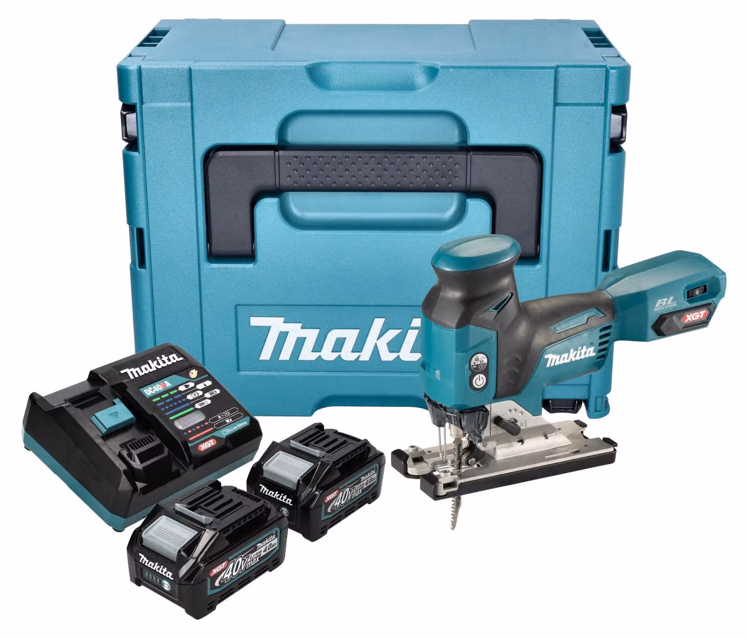 Makita JV 001 GM201 Seghetto alternativo a batteria 40 V max. 135 mm senza spazzole + 2x batteria 4,0 Ah + caricabatterie + Makpac