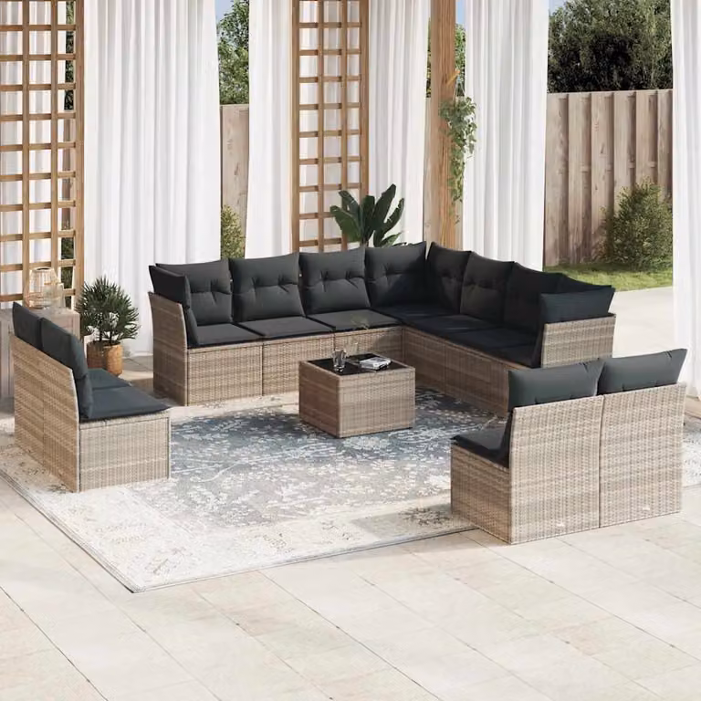 vidaXL Set Divano da Giardino a Forma di U in Polyrattan Grigio con Cuscini e Tavolino da Esterno 12 Pezzi