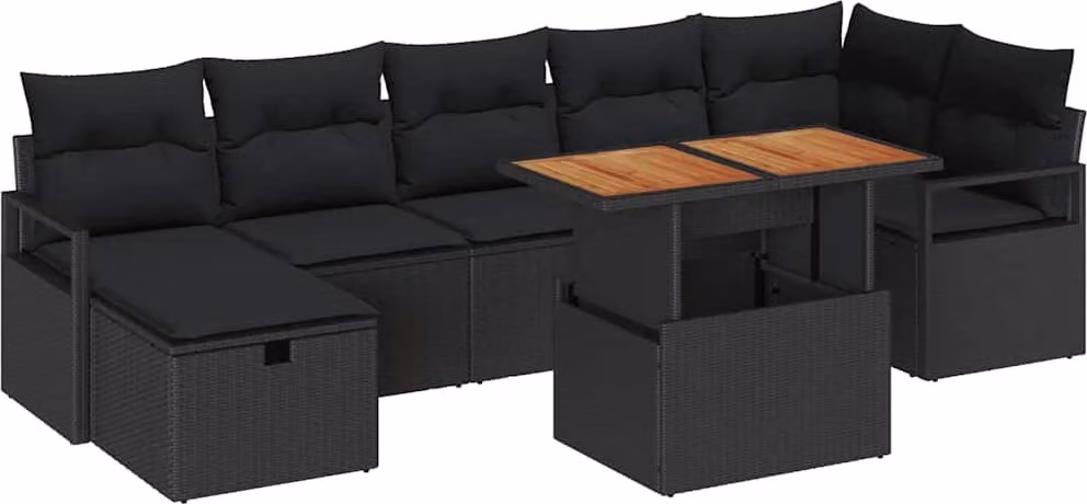 Set Divano da Giardino con cuscino 8 pcs Nero polyrattan