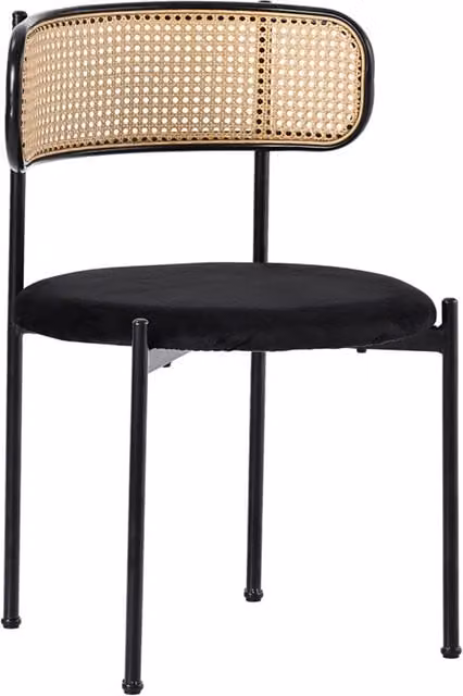 Set da 6 Sedie da Pranzo in Velluto Nero con Schienale in Rattan e Gambe in Metallo