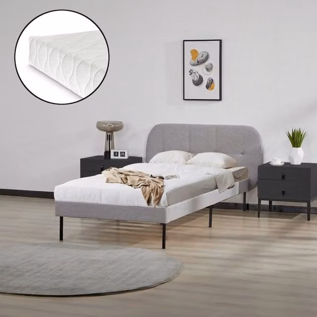 Letto Singolo Porvoo en.casa con Testiera e Materasso in Tessuto Grigio L/P/H: 90 x 200 x 110 cm