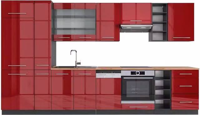 Cucina componibile Fame-Line Vicco colore Bordeaux lucido e Antracite con piano in Rovere, L: 355 cm
