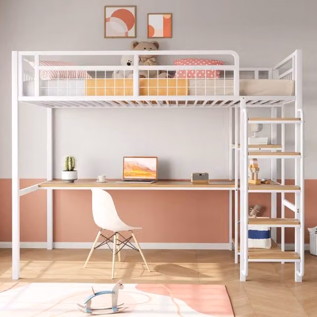 Letto alto singolo 90x200 cm in metallo bianco con scala a gradini; scrivania e scaffali