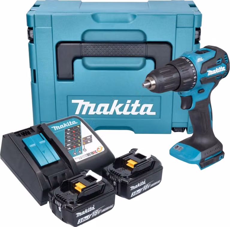 Makita DHP 490 RFJ Trapano avvitatore a percussione a batteria 18 V 65 Nm Brushless + 2x batteria 3,0 Ah + caricabatteria + Makpac