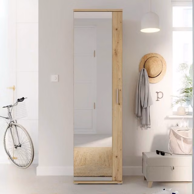 Mobile scarpiera multiuso Veriaffari in legno rovere con anta a specchio e ripiani interni, L: 50.2 cm, P: 34.8 cm, H: 179.1 cm