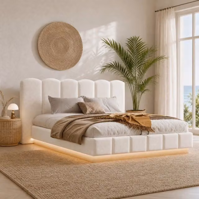 Letto matrimoniale 180x200 cm Bouclé bianco con contenitore idraulico, LED e rete