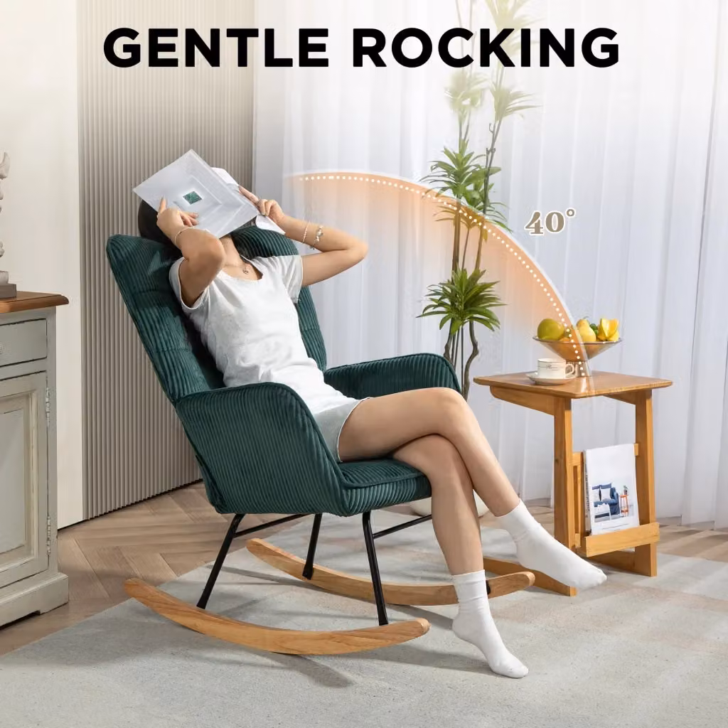 Sedia a dondolo Chicfurn con braccioli e schienale alto, seduta imbottita in poliestere a coste verde scuro, L: 98 cm, P: 71 cm, H: 101 cm – 2