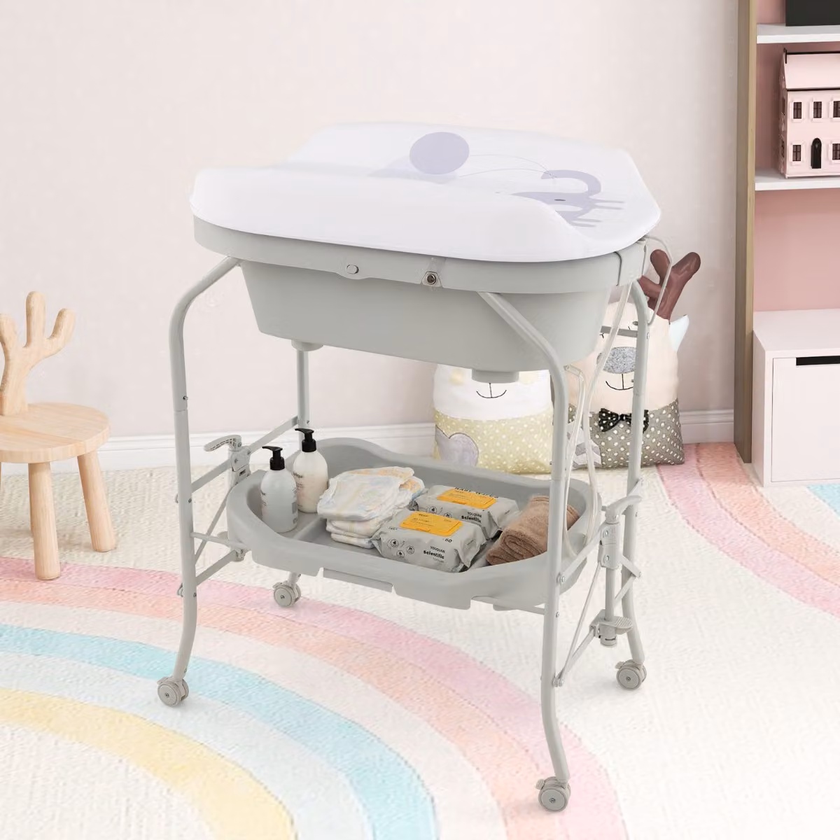 Fasciatoio per bambini Costway con mini vasca da bagno e cuscinetto in PVC, stazione di cambio pannolini per neonati Grigio chiaro