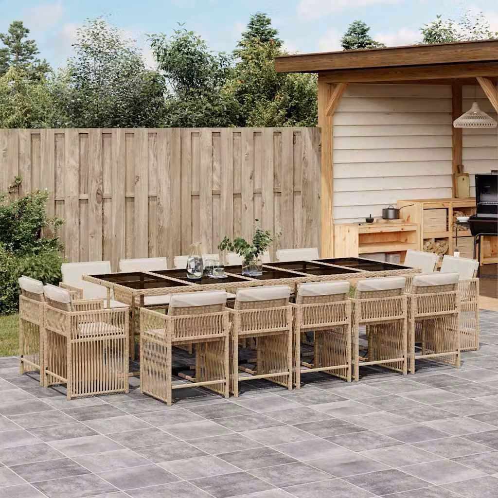 Set da Pranzo da Giardino vidaXL in Polyrattan con Cuscini Beige e Piano in Vetro, 15 Pezzi – 1
