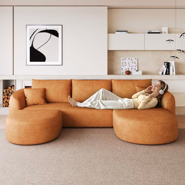 Divano angolare a forma di U, imbottito in schiuma, divano compresso senza necessità di montaggio, divano modulare per soggiorno, camera da letto, appartamento, colore arancione