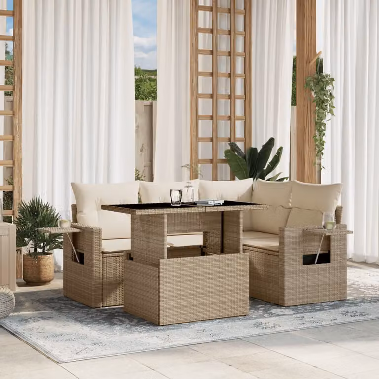 vidaXL Set Divano da Giardino a L 5 pz con Cuscini Beige e Tavolino in Vetro