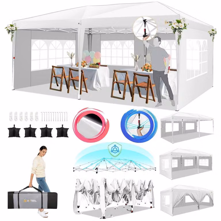 Gazebo da esterno 3x6 metri, impermeabile, stabile, con 6 pannelli laterali, protezione UV 50+, altezza regolabile, colore bianco