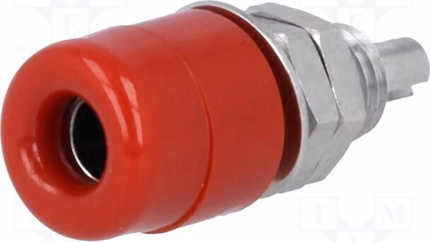 1 connettore femmina da 32A, con terminali a banana isolati da 4 mm, tensione massima 60 VDC, placcato in nichel, colore rosso, dimensioni 23 mm, serie IBU 401 NI / RT, connettore a banana