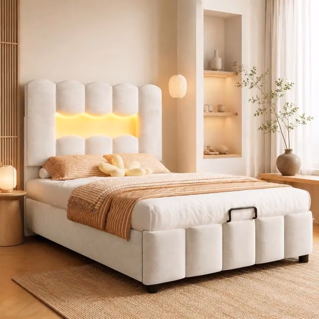 Letto imbottito contenitore 90x200 cm con LED e testiera regolabile in velluto beige