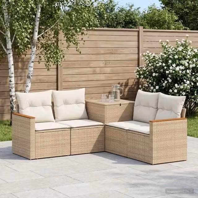 Set di divani da giardino a forma di L con poltrona vidaXL in polyrattan beige e bianco con cuscini inclusi – 1
