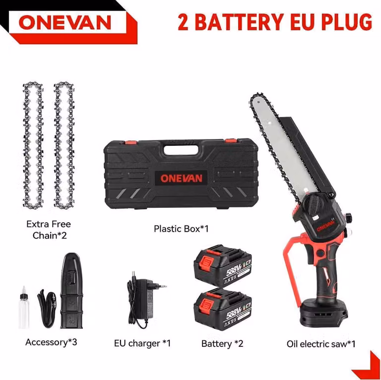 Motosega a batteria - Motosega portatile - Lama da 20 cm - 18 V - Motore brushless - Catena da 10 m/s - 2 batterie - Spina UE - Giallo chiaro