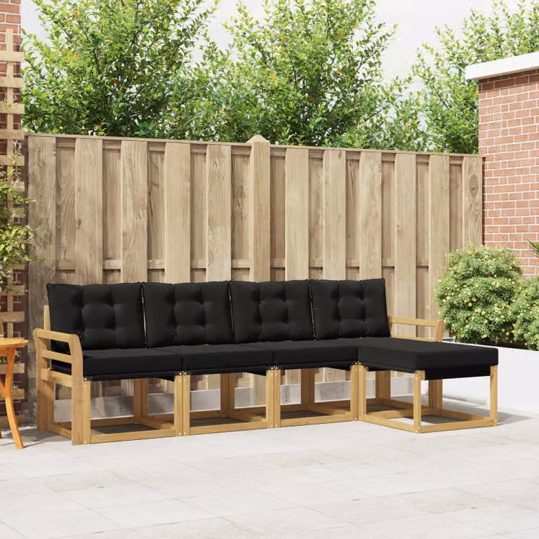 Set di divani da esterno vidaXL a forma di L con pouf, struttura in legno di acacia trattato e sedute in textilene, Bianco e Nero