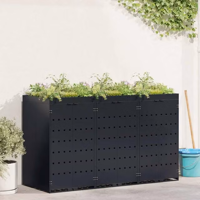 vidaXL Contenitore per Rifiuti in Acciaio per 3 Bidoni, Nero, H: 204 cm, L: 77,5 cm, P: 121,5 cm