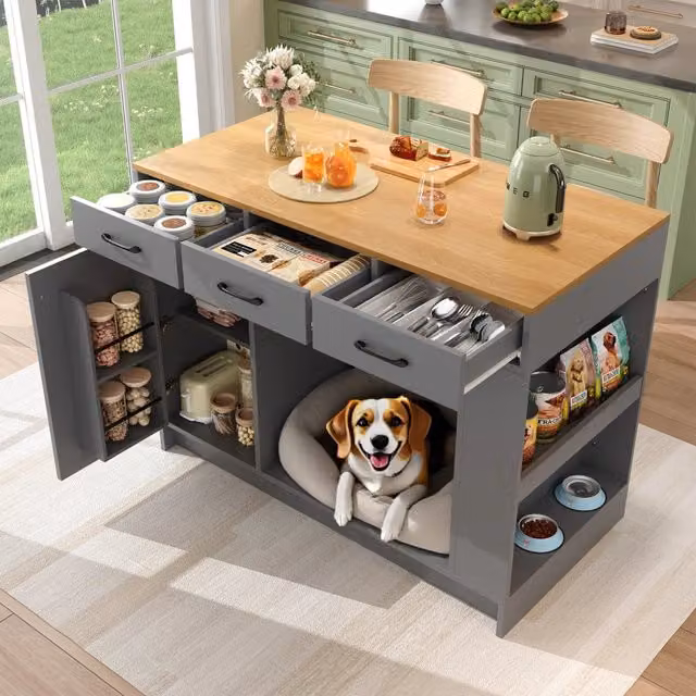 Isola cucina con tre cassetti, piano in MDF, mobile cucina con porta spezie e ripiano regolabile, 120 x 60 x 90 cm