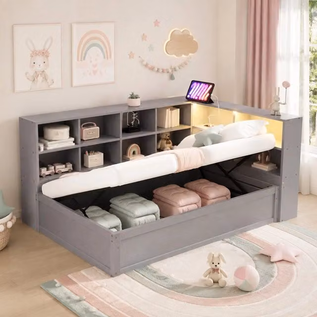 Letto singolo multifunzionale 90x200 cm in legno massello con prese multiple, vani contenitori e striscia LED, colore grigio