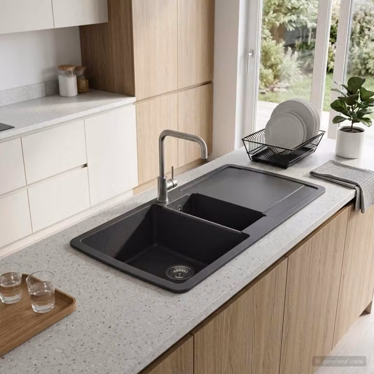 Lavello da cucina a doppia vasca in granito vidaXL, disponibile in grigio o nero, L 96 x P 50 x H 31 cm
