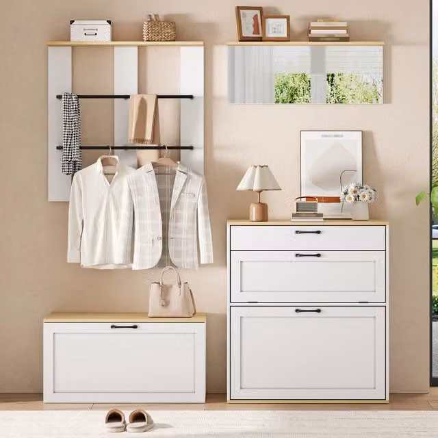 Mobili da ingresso modulari con scarpiera a ribalta, cassetto, specchio e appendiabiti per ingresso 156 × 36 × 176 cm