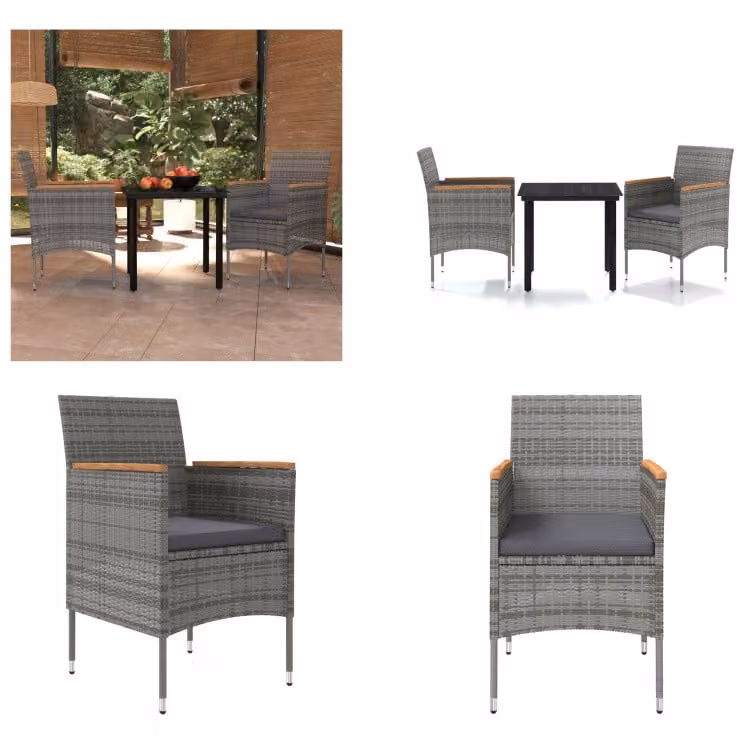 vidaXL Set da pranzo da giardino 3 pezzi con cuscini grigio e nero - Set da pranzo da giardino - Set da pranzo da giardino - Set di mobili da giardino - Set di mobili da giardino