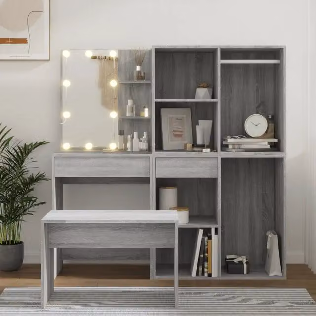 Set Tavolo da Toeletta con LED vidaXL Grigio Moderno L: 140 cm, P: 40 cm, H: 60 cm
