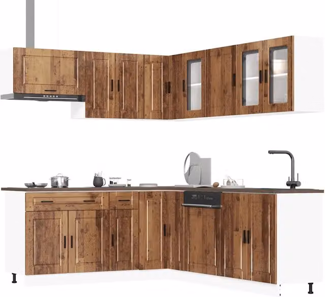 Set di mobili da cucina vidaXL composto da 11 pezzi in stile rustico color marrone con ante a battente e ripiani aperti in MDF e vetro
