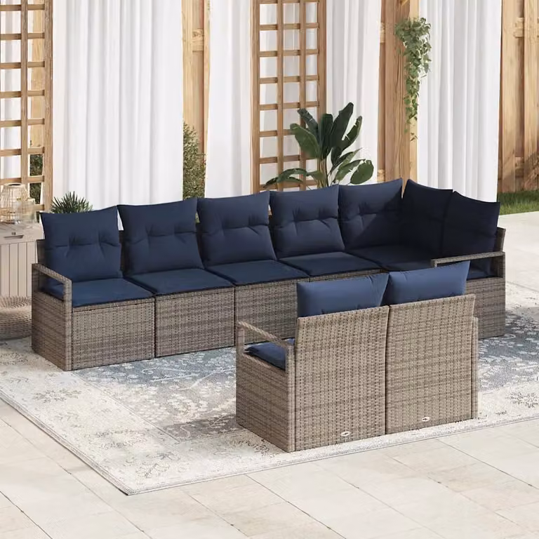 Set di divani da giardino vidaXL 8 pz in rattan con struttura in metallo e cuscini imbottiti, colore grigio e blu